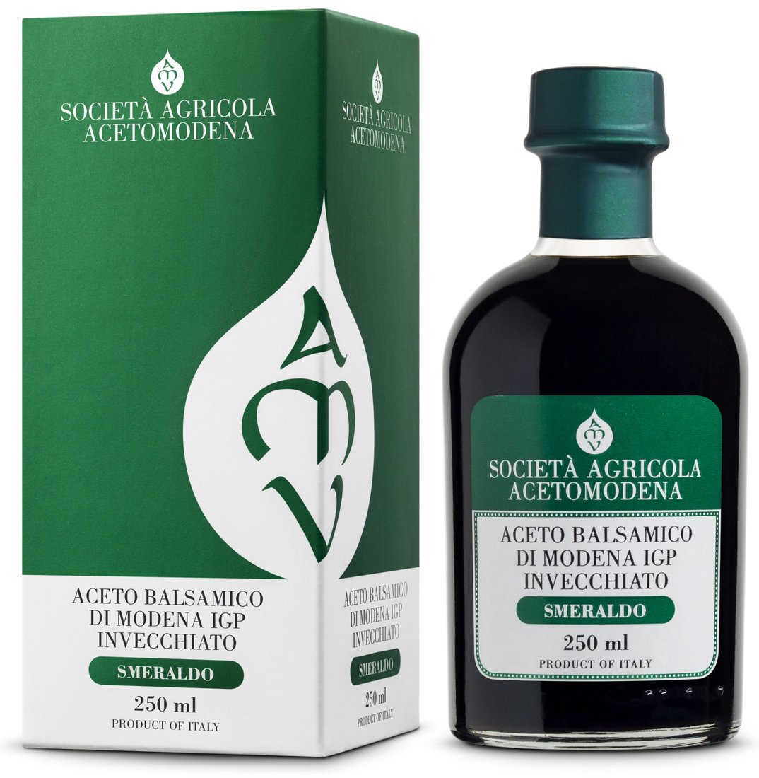 Aceto balsamico AMV Smeraldo: astuccio e bottiglia