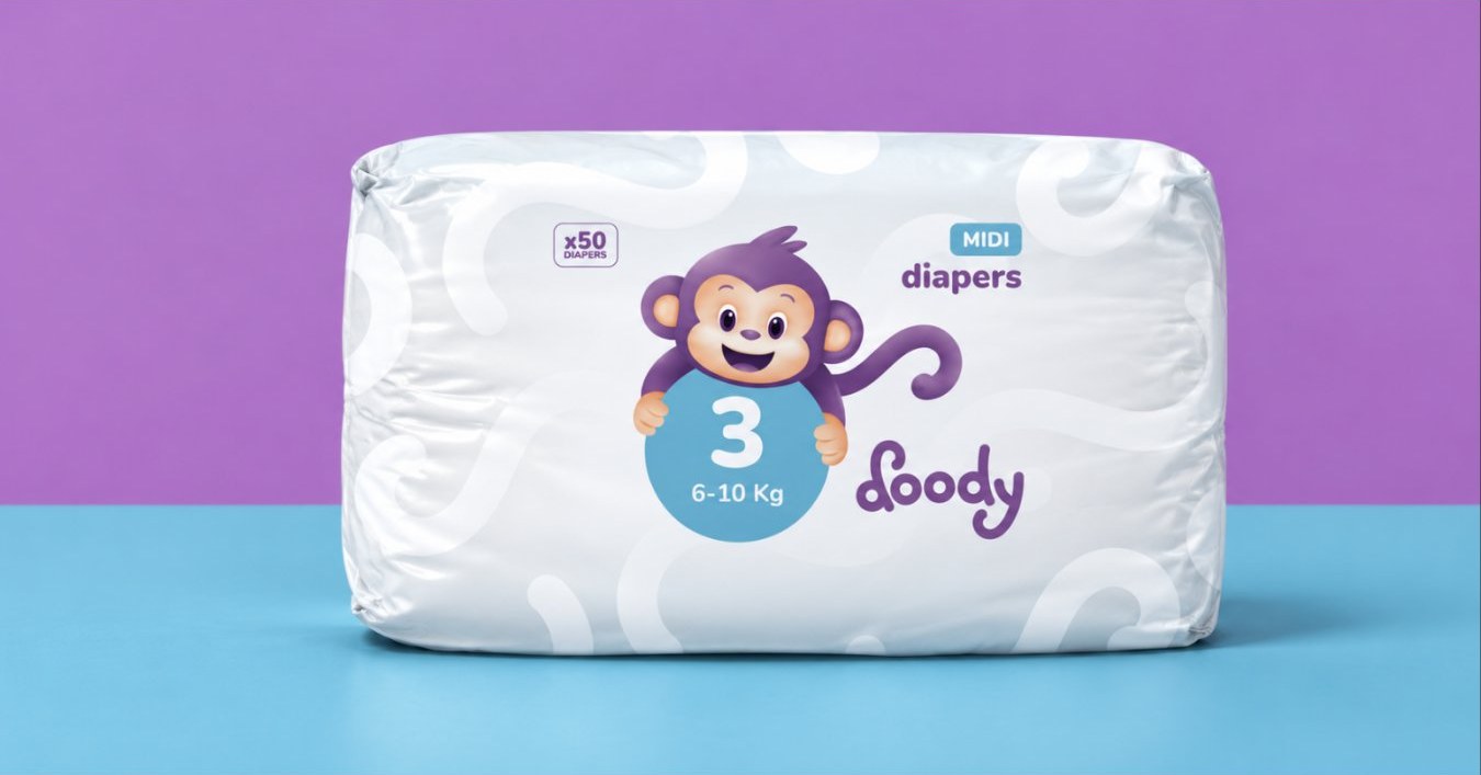 Confezione di pannolini Doody taglia 3 su fondo viola e azzurro