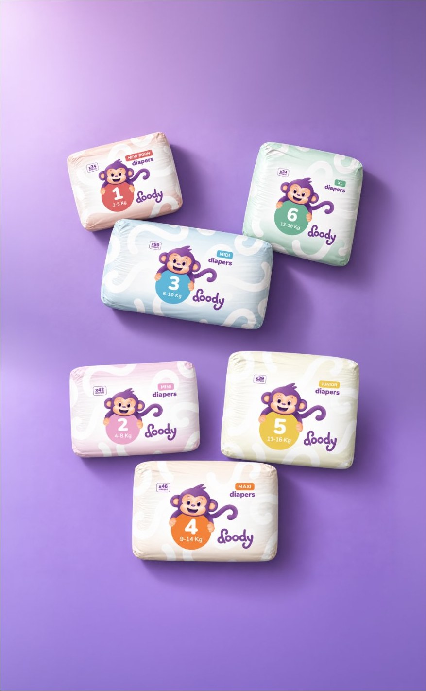 Confezioni Doody nelle diverse taglie su fondo viola